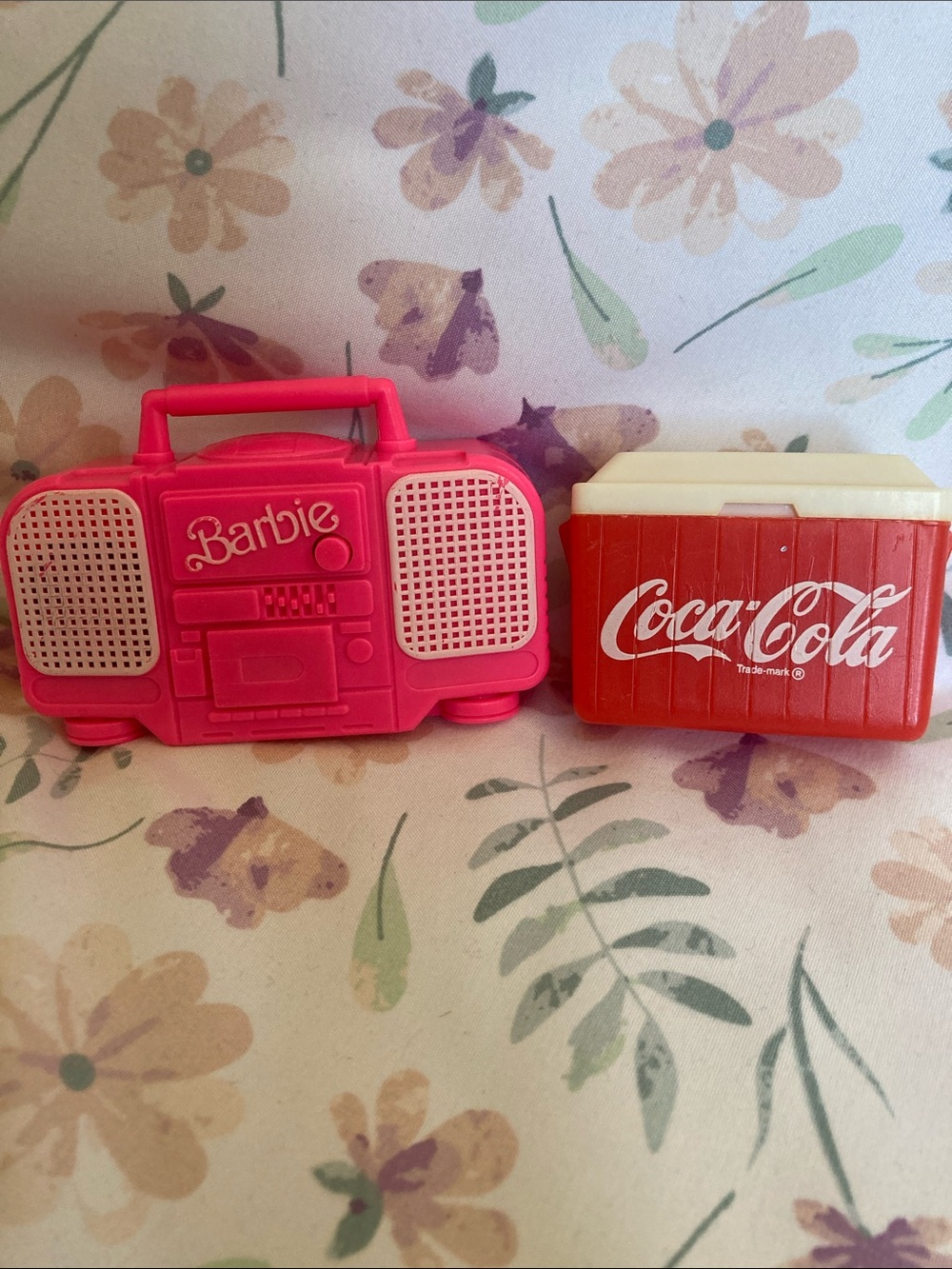 Vintage Barbie Neon Hot Pink Boombox Radio Toy and Coca Cola cooler